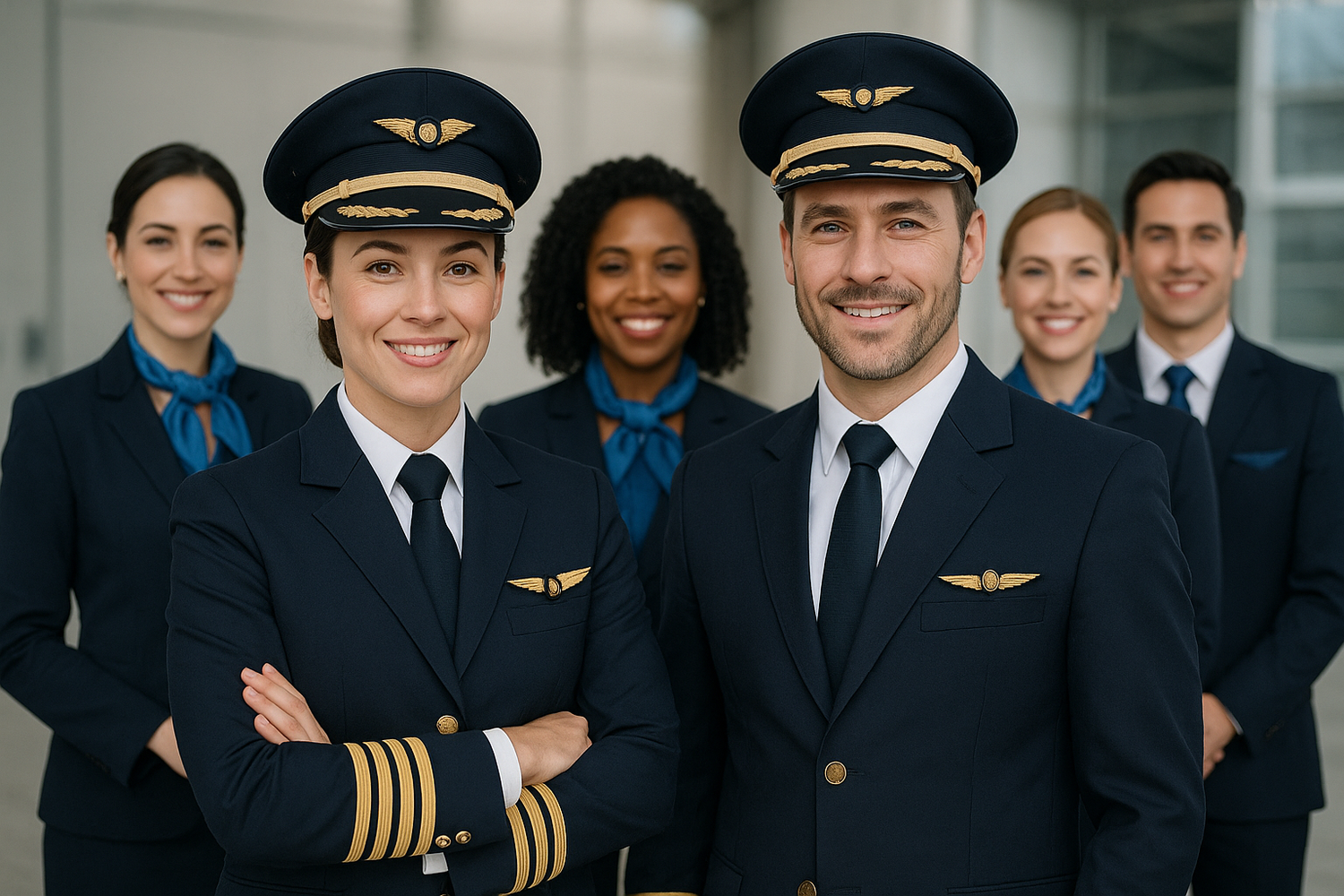2 pilots one woman and one male with the cabin crew team